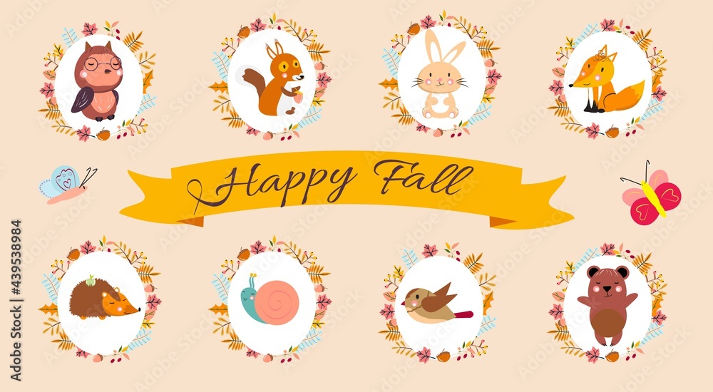 Cute forest animals. Animals portraits. Happy Fall ribbon. Butteflies. Vector illustration