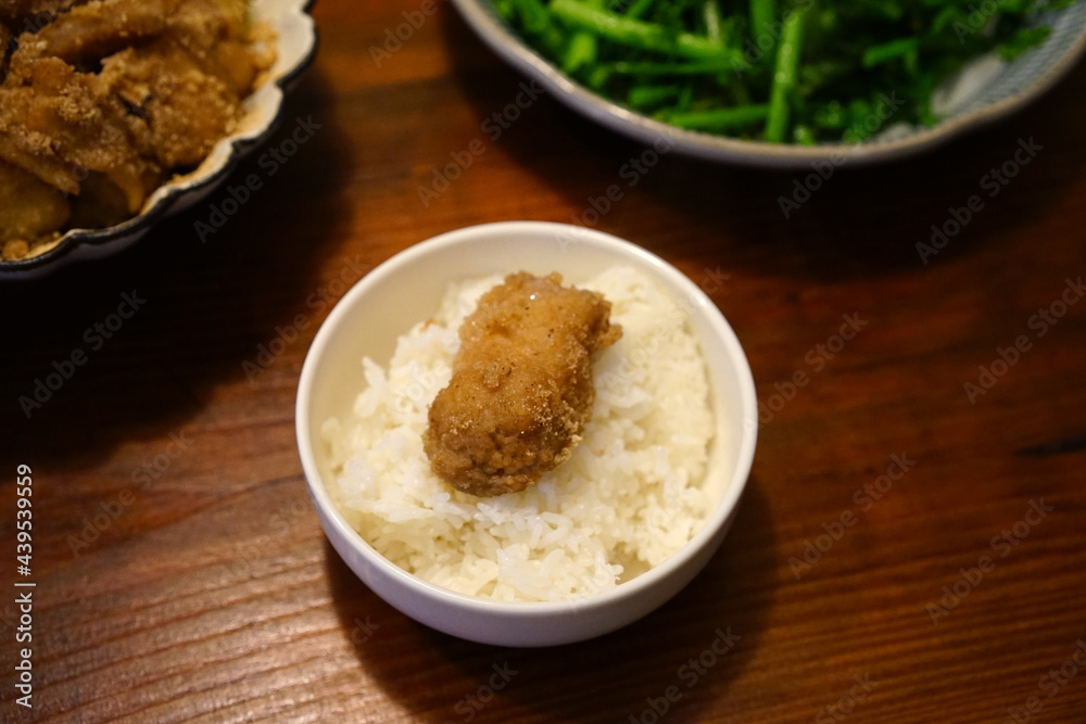 Close-up delicious home-made dinner,
Fried food with rice Close-up delicious home-made dinner,
Fried food with rice