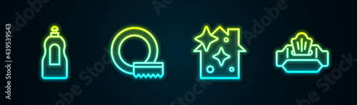Set line Dishwashing liquid bottle, Washing dishes, Home cleaning service and Wet wipe pack. Glowing neon icon. Vector