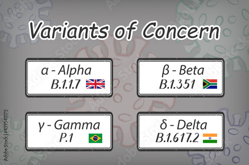 Variants of concern in the scientific and common spelling with Greek letters: alpha, beta, gamma and delta on the signs. The numbers are handwritten. Flags of the countries where they were first found