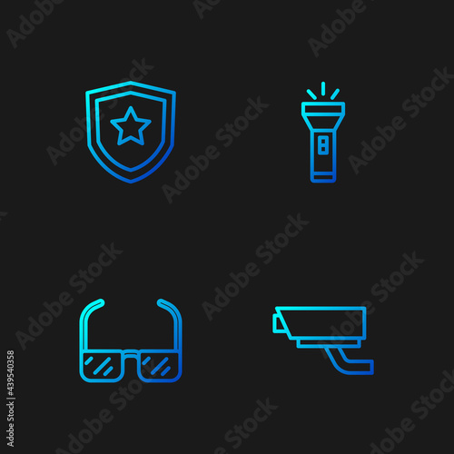 Set line Security camera  Safety goggle glasses  Police badge and Flashlight. Gradient color icons. Vector