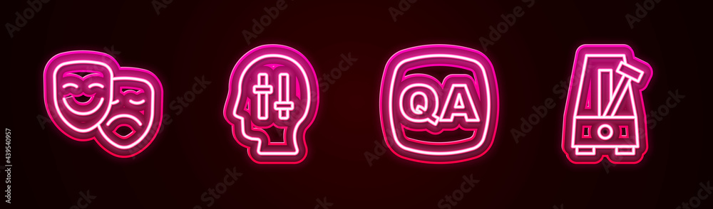 Set line Comedy and tragedy masks, Solution to the problem, Question Answer and Metronome with pendulum. Glowing neon icon. Vector Set line Comedy and tragedy masks, Solution to the problem, Question Answer and Metronome with pendulum. Glowing neon icon. Vector