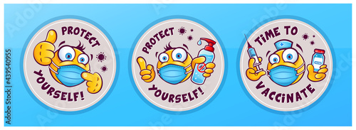 Coronavirus protection signs. Emoticons emoji in medical masks. Vector set. Stickers or icons with smiles and warning signs isolated on blue background. Protect yourself. Time to vactinate.