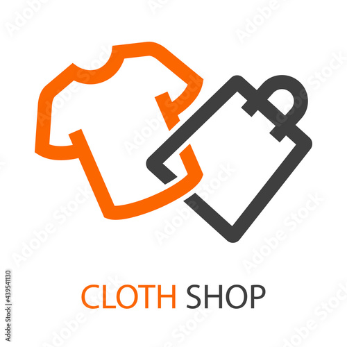  Logotipo con texto Cloth Shop con camiseta y bolsa de la compra enlazados con lineas en color naranja y gris