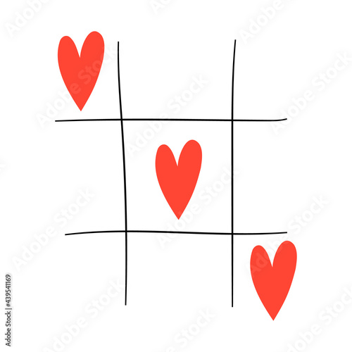 Valentine's Day concept. Tic-tac-toe game with criss cross and Hearts. Hand drawn colored Vector illustration. Pre-made Card or poster. Love, Romance theme