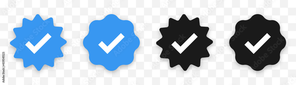 Verified badge profile set. Social media account verification icons . Isolated check mark  on black and blue. Guaranteed signs. Vector illustration. - obrazy, fototapety, plakaty 