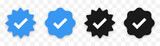 Verified badge profile set. Social media account verification icons . Isolated check mark  on black and blue. Guaranteed signs. Vector illustration.
