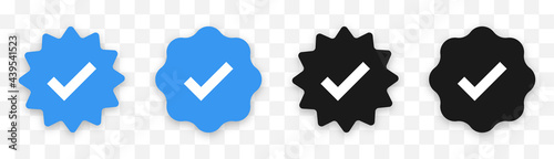 Verified badge profile set. Social media account verification icons . Isolated check mark  on black and blue. Guaranteed signs. Vector illustration. photo