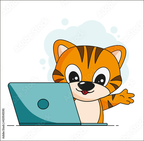 cute tiger cub sitting at laptop vector illustration