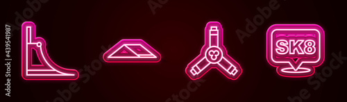 Set line Skate park, , Skateboard Y-tool and . Glowing neon icon. Vector