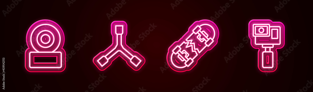 Set line Skateboard wheel, Y-tool, Broken skateboard and Action camera. Glowing neon icon. Vector Set line Skateboard wheel, Y-tool, Broken skateboard and Action camera. Glowing neon icon. Vector