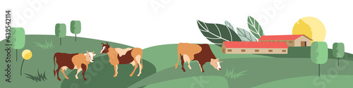 Horizontal agricultural background. Houses and grazing cows. Vector illustration.
