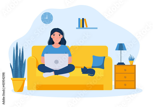 girl sits on a chair with a laptop. freelance work. vector illustration