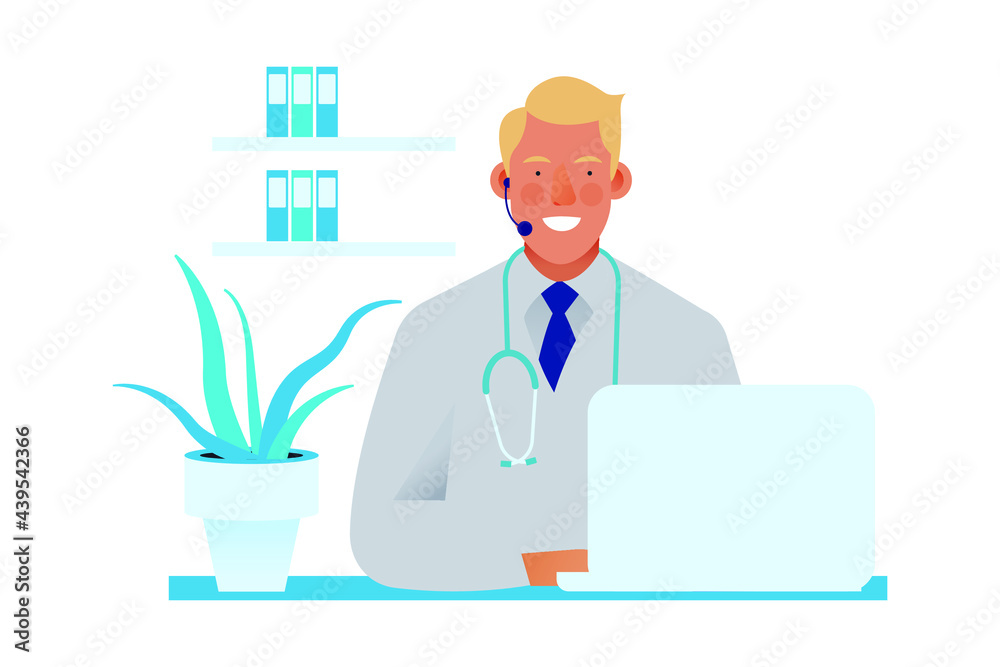 Modern Flat Vector Illustration. Medical Specialist Wearing Headset with Laptop on Abstract Background. Insurance Landing Page Design Template. Website Call Center Banner. 