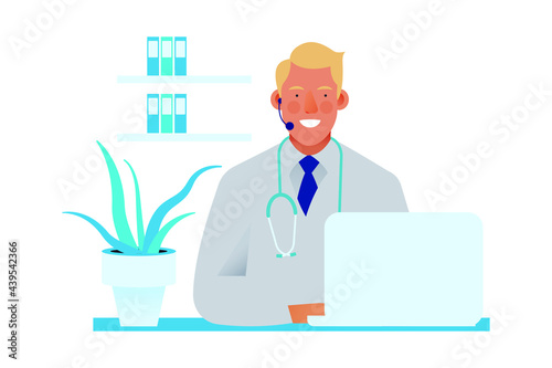 Modern Flat Vector Illustration. Medical Specialist Wearing Headset with Laptop on Abstract Background. Insurance Landing Page Design Template. Website Call Center Banner. 