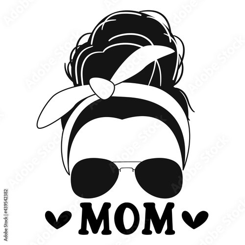 Black mom messy bun quote on white background. Vector illustration.