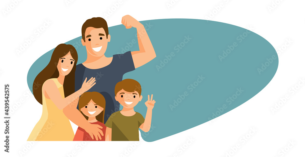 Happy family. Dad shows his biceps. Vector illustratiopn Happy family. Dad shows his biceps. Vector illustratiopn