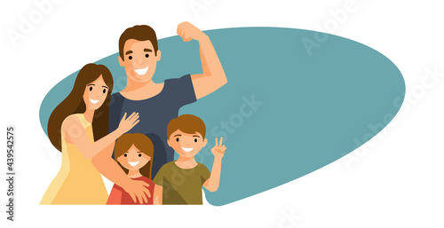 Happy family. Dad shows his biceps. Vector illustratiopn