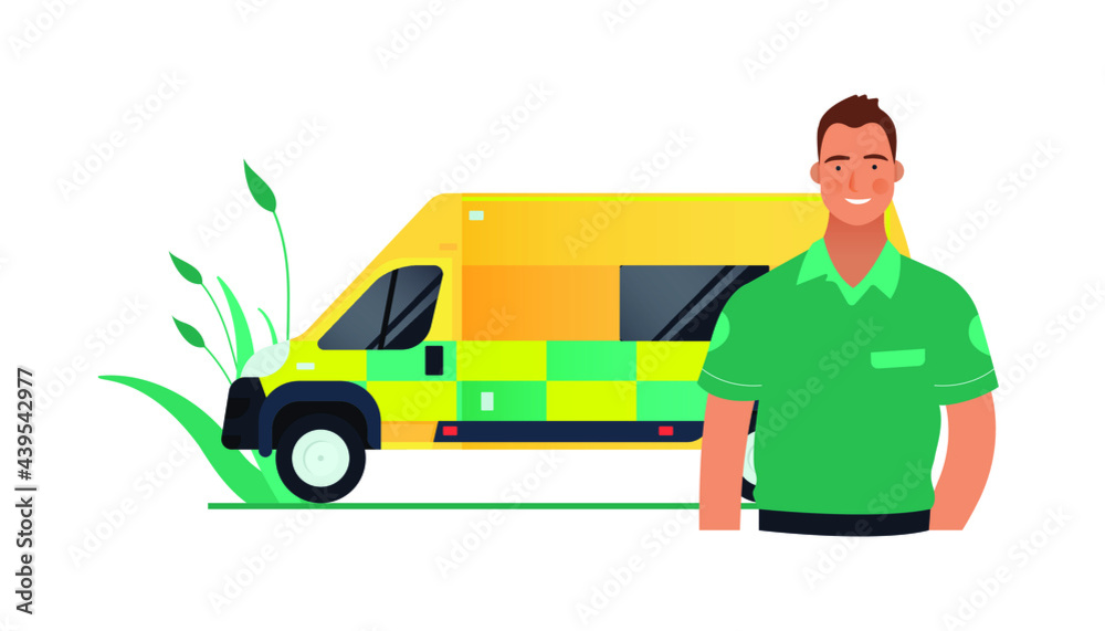 Driver in Green Clothes Standing near Yellow Ambulance Transport. Emergency Evacuation. Modern Flat Vector Concept Illustration. Driver in Green Clothes Standing near Yellow Ambulance Transport. Emergency Evacuation. Modern Flat Vector Concept Illustration.