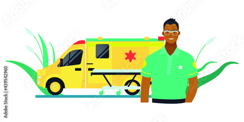 Driver in Green Clothes Standing near Yellow Ambulance Transport. Emergency Evacuation. Modern Flat Vector Concept Illustration.