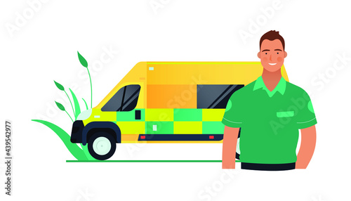 Driver in Green Clothes Standing near Yellow Ambulance Transport. Emergency Evacuation. Modern Flat Vector Concept Illustration.