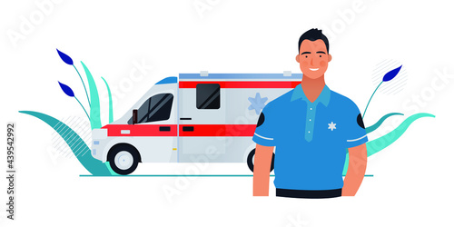 Driver in Blue Clothes Standing near Ambulance Transport. Emergency Evacuation. Modern Flat Vector Concept Illustration.