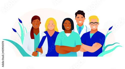 Medical Insurance. Internship Jobs. Modern Flat Vector Concept Illustration. Young Medical Specialists Standing Together, Team of Interns on Abstract Background.