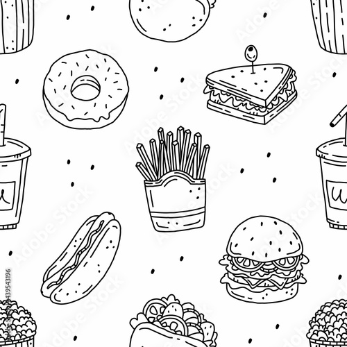 Seamless black and white pattern with fast food in doodle style. Vector illustration background with junk food.
