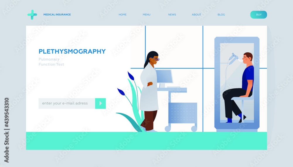 Obraz premium Doctor Performing Whole Body Plethysmography on Patient in Medical Office or Laboratory. Modern Flat Vector Concept Illustration. Respiratory Diseases. Landing Page Design Template. Website Banner.