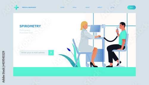 Spirometry. Pulmonary Function Test. Modern Flat Vector Illustration. Medical Specialist with Patient Doing Spirometry in Laboratory Office. Insurance Landing Page Design Template. Website Banner. 