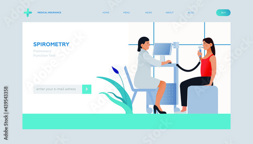 Spirometry. Pulmonary Function Test. Modern Flat Vector Illustration. Medical Specialist with Patient Doing Spirometry in Laboratory Office. Insurance Landing Page Design Template. Website Banner. 