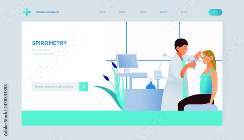 Doctor Performing Spirometry on Patient in Medical Office or Laboratory. Modern Flat Vector Concept Illustration. Respiratory Diseases. Landing Page Design Template. Website Banner. 