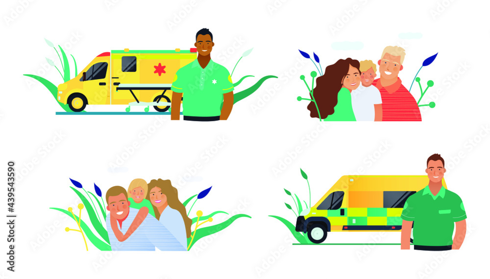 Naklejka premium Set of Modern Flat Medical Insurance Illustrations. Happy Family, Ambulance Transport.