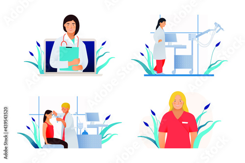 Set of Modern Flat Medical Insurance Illustrations. Medical Appointment, Spirometry and Plethysmography in Medical Office, Nurse or Intern.
