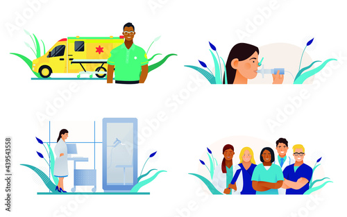 Set of Modern Flat Medical Insurance Illustrations. Spirometry, Plethysmography Equipment in Medical Office, Ambulance Transport, Team of Medical Specialists.