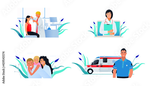 Set of Modern Flat Medical Insurance Illustrations. Spirometry in Medical Office, Medical Appointment, Happy Family, Ambulance Transport.