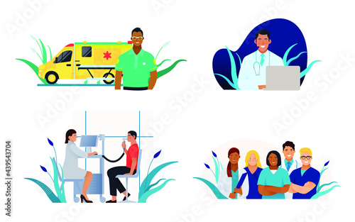 Set of Modern Flat Medical Insurance Illustrations. Ambulance, Call Center, Spirometry in Medical Office, Team of Medical Specialists.