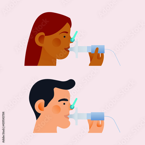 Set of Young Characters Doing Pulmonary Function Test. Modern Flat Vector Illustration. Lung Function Test on Patients.