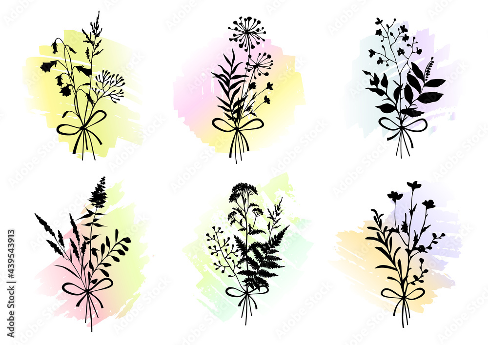 Set of bouquets with herbs and flowers on watercolor backgrounds. Floral design elements.