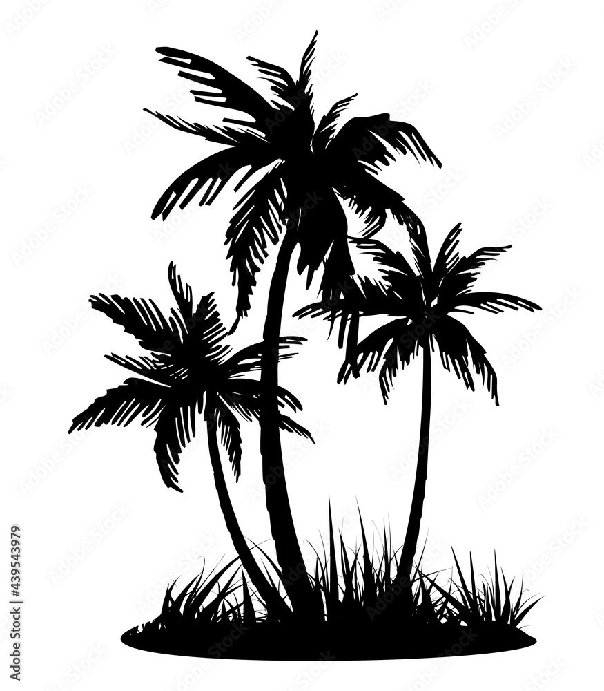 Fototapeta premium Three black silhouettes of palm trees. Vector illustration