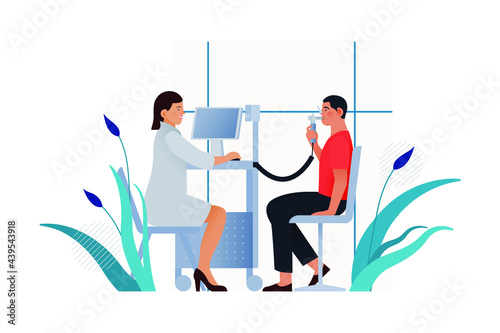 Spirometry. Modern Flat Vector Illustration. Medical Specialist with Male Patient Perform Spirometry in Laboratory or Office. Website Banner Template. 