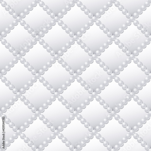 White seamless pattern of quilted texture with pearl thread. Abstract geometric background, classic style, realistic beads. Vector print for fabric, tile, gift paper, wallpaper, jewellery design.