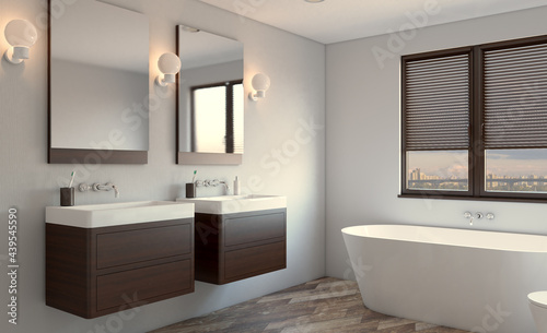 Fototapeta Naklejka Na Ścianę i Meble -  Spacious bathroom in gray tones with heated floors, freestanding tub. 3D rendering.