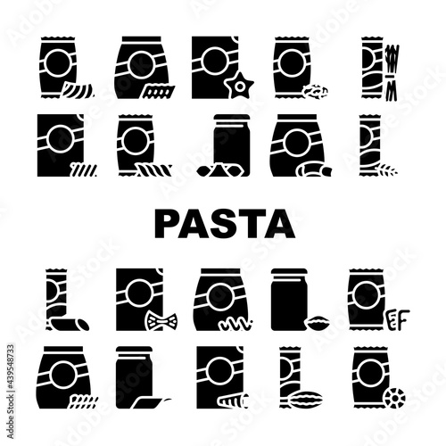 Pasta Food Package Collection Icons Set Vector. Gnocchetti Sardi And Rigatoni, Fusilli And Farfalle, In Spiral Form And Alphabet Shape Pasta Glyph Pictograms Black Illustrations photo