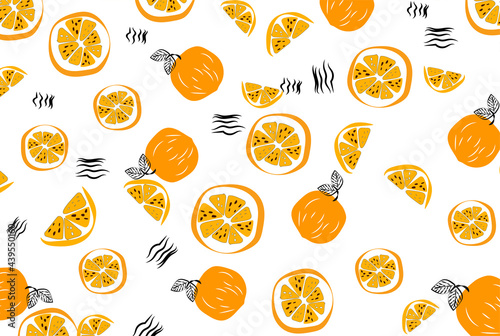 LIGHT Orange pattern with Fresh oranges for fabric background and drawing labels, print on t-shirt, wallpaper of children's room, fruit background. Slices of orange doodle style and cheerful backgroun