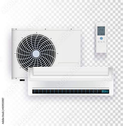 Vector set of air conditioner installation on transparent background.
