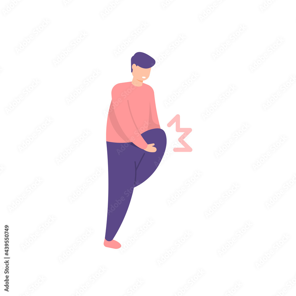 illustration of a man holding and lifting his leg because of pain. knee pain, sprain, leg tripping on something. the expression of a person holding in pain. flat cartoon style. vector design elements