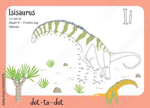 A dot by dot worksheet with dinosaur, name, facts and alphabet letter. Children's riddle.Coloring page for kids. Activity art game. Vector illustration. Set cards a-z dinosaur I. Isisaurus