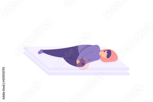 illustration of a man lying on a bed and holding his leg because of pain. knee pain, sprains, leg cramps or tingling. the expression of a person holding in pain. flat cartoon style. vector design elem