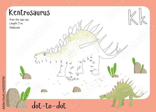 A dot by dot worksheet with dinosaur, name, facts and alphabet letter. Children's riddle.Coloring page for kids. Activity art game. Vector illustration. Set cards a-z dinosaur K. Kentrosaurus